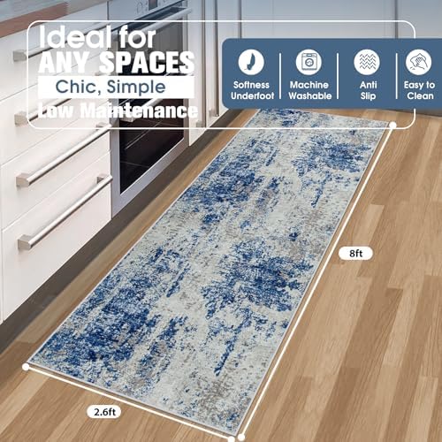 Runner Rugs for Hallways Kitchen 2.6x8 Non Slip Washable Blue Grey White