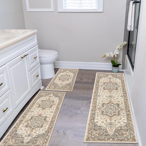 HEBE Boho Kitchen Rugs Set of 3, Non Slip Washable Kitchen Mats for Floor