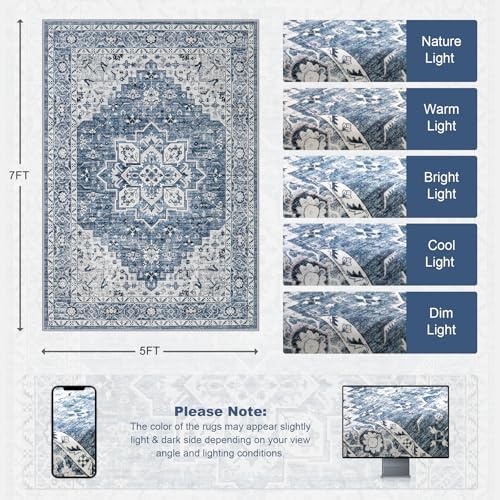 5x8 Area Rugs Living Room: Washable Vintage Rug for Bedroom Blue