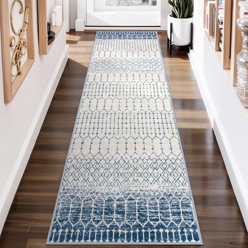 Lahome Runner Rug 2x8 Hallway Rug Runner Washable Non-Slip Kitchen Carpet Untra- Thin Throw Blue Mat, Moroccan Geometric Print Indoor Floor Mat for Entryway Laundry Bedroom Hana