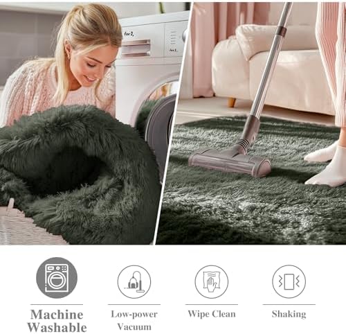 OLANLY Olive Green Round Rugs for Bedroom - Machine Washable, 2 ft Circle Area Rugs for Living Room, Soft and Fluffy Shaggy Carpet for Teen Girl and Boys, Nursery Rooms, Dorms, Home Decor Aesthetic