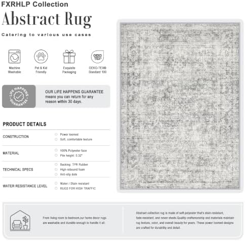 6x9 Area Rug Living Room: Modern Washable Soft Carpet Black Grey