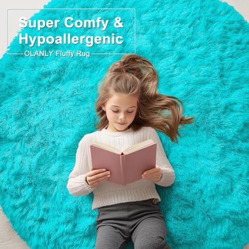 OLANLY Teal Blue Round Rugs for Bedroom - Machine Washable, 3 ft Circle Area Rugs for Living Room, Soft and Fluffy Shaggy Carpet for Teen Girls and Boys, Nursery Rooms, Dorms, Home Decor Aesthetic