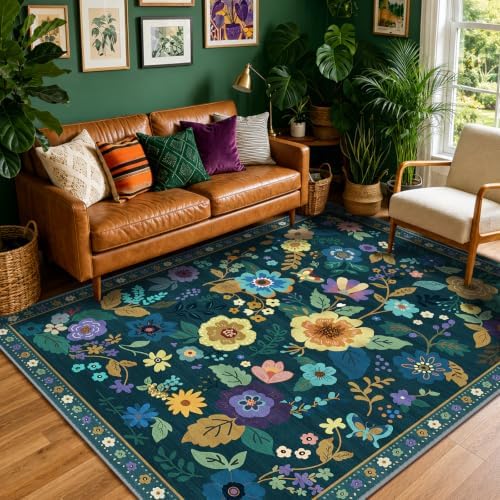 RELEANY Floral Washable 5x7 Area Rugs Teal/Purple