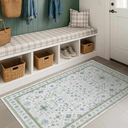 Blue and Green Washable Rugs 3x4 - Vintage Boho Floral Pastel Cream, Washable Low Pile Non Slip Small Throw Accent Area Rug for Bathroom, Door Mat Indoor Entrance, Kitchen, Bedroom Beside Bed Decor