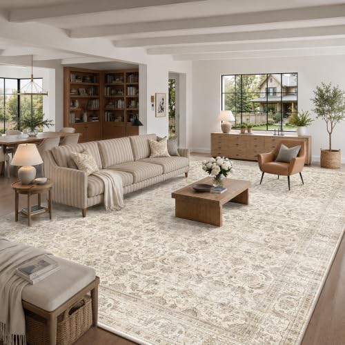 JOOJA 10x14 Large Beige Vintage Low Pile Non Slip Washable Neutral Area Rug