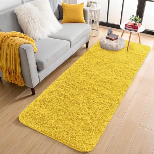 OLANLY 2x5 Machine Washable Runner Rugs for Hallway, Soft Fluffy Shaggy Bedside Rugs for Bedroom, Living Room, Indoor Floor Carpet for Kids Girls and Boys, Nursery Rooms, Home Decor Aesthetic, Yellow