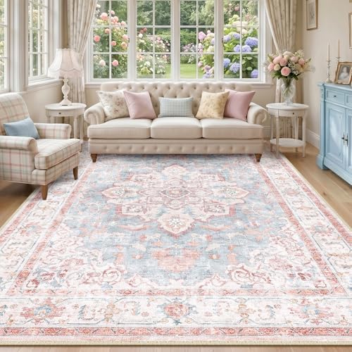 CAPALOCA 8x10 Washable Nursery Girls Low Pile Area Rug Pink Blue