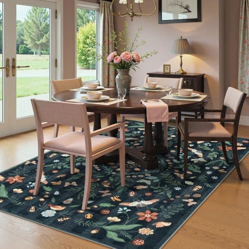 Lahome Washable Insect Botanical 5x7 Area Rugs for Nursery - Machine Washable Non-Slip Black Bedroom Rug, Boho Low Profile Soft Faux Wool Carpet for Living Room Laundry Playroom Dining Room