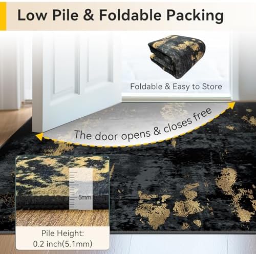 RELEANY Washable Runner 3'x7' Abstract Area Rug for Hallway Black Gold