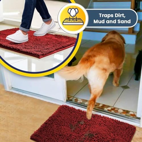 Muddy Mat® | Super Water Absorbent Door Mat Indoor, Microfiber Quick Dry Chenille Entryway Rug, Slip Resistant Front Door Mat, Indoor Mats for Entryway, Machine Washable Pet Rug, Red 36"x72"