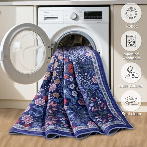 PLHXFR Area Rug 10x14 Living Room: Floral Washable Boho Soft Carpet Blue