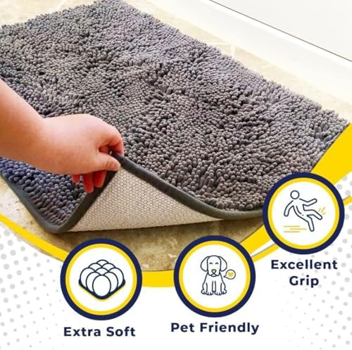 Muddy Mat® | Super Water Absorbent Door Mat Indoor, Microfiber Quick Dry Chenille Entryway Rug, Slip Resistant Front Door Mat, Indoor Mats for Entryway, Machine Washable Pet Rug, Grey 24"x96"