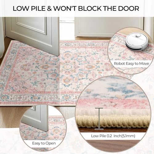 CAPALOCA Square 6ft Washable Nursery Girls Low Pile Area Rug Pink Teal