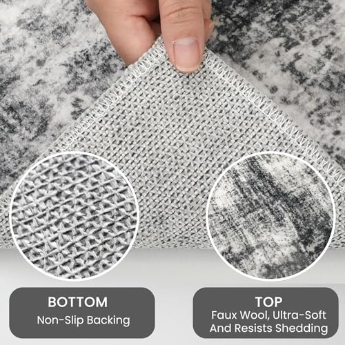 IOHOUZE Abstract Runner Rug 2x12 Ft Washable Runners for Hallways, Non Slip Kitchen Runner Printed Faux Wool Entryway Runner Indoor, Modern Abstract Floor Carpet for Hall Kitchen, Black Grey