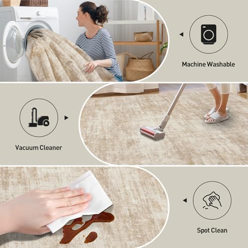 5x7 Area Rugs for Living Room: Washable Abstract Beige Bedroom Carpet