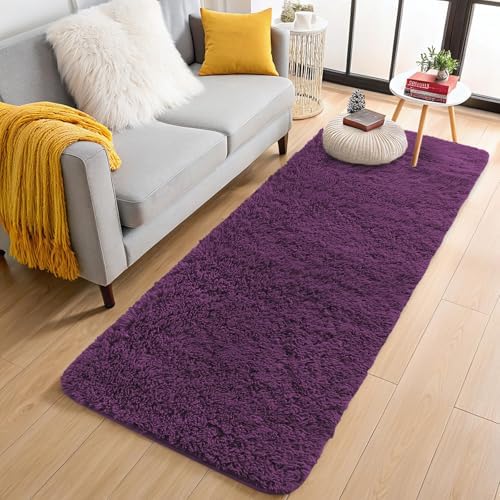 OLANLY 2x5 Machine Washable Runner Rugs for Hallway, Soft Fluffy Shaggy Bedside Rugs for Bedroom, Living Room, Indoor Floor Carpet for Kids Girls and Boys, Home Decor Aesthetic, Dark Purple