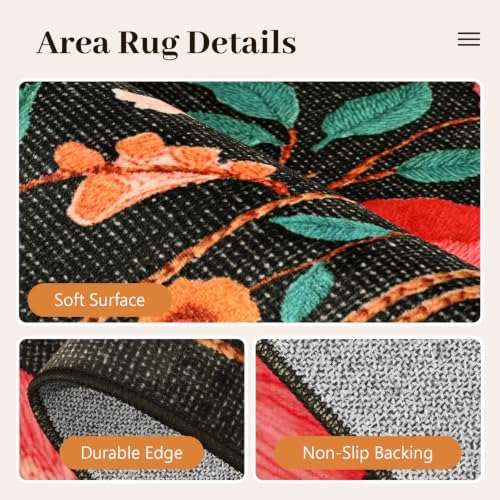 8x10 Ft Washable Area Rug for Living Room Black Vintage Floral Carpet
