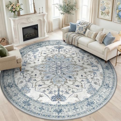 RELEANY Washable Area Rug, Round 7ft, Blue/White/Gray