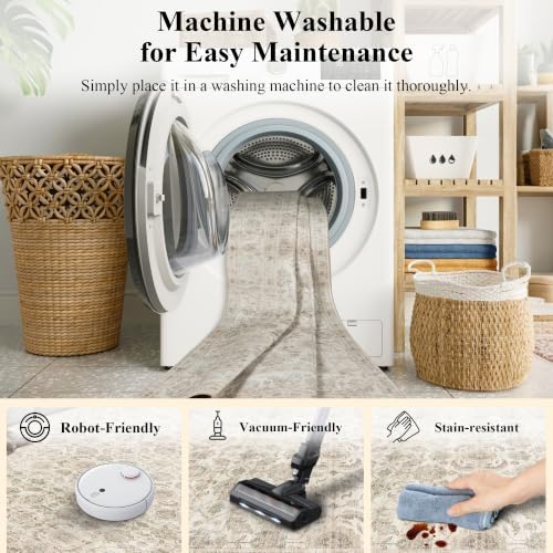 JOOJA 6x9 Beige Neutral Vintage Boho Washable Area Rug, Soft Floor Carpet