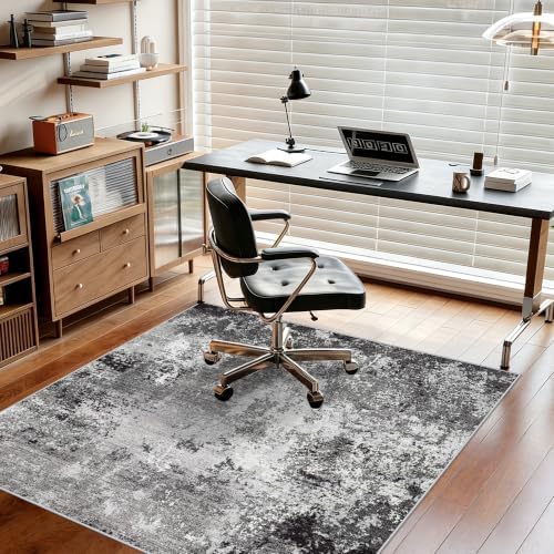 5x5 Rug Square for Living Room – Machine Washable Non-Slip Area Rug for Kitchen Entryway Bathroom – Modern Neutral Abstract Soft 5ft Indoor Carpet (Black Grey, 5x5)