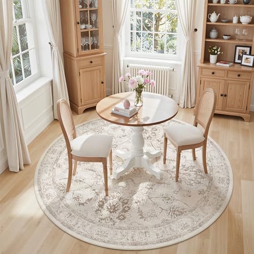 Madane Washable Round Rug 5ft for Living Room,Soft Neutral Rug Brown/Ivory
