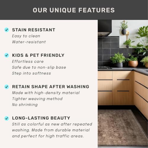 Brown Washable Long Runners for Hallways, 2'6"x12' Wide Kitchen Runner Rug, Entryway Indoor Rug, Non Slip Rubber Backing Boho Vintage Dark Floor Decor