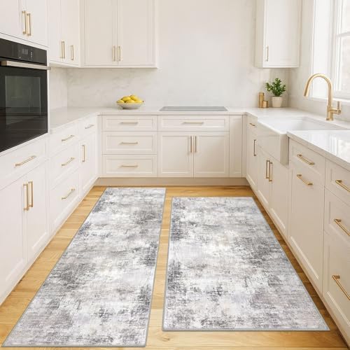 IOHOUZE Abstract Area Rugs and Runners Sets 2x6 and 3x5 Ft, Washable Entryway Rug and Runner Set, Non Slip Kitchen Rug Set, Printed Faux Wool Modern Floor Carpet for Hall Kitchen Entrance, Grey Beige