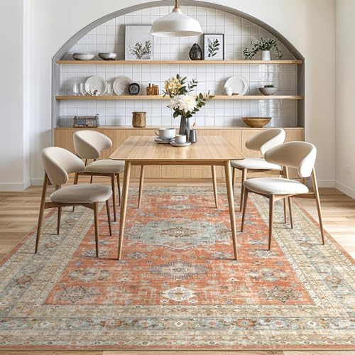 cotiled 9x12 Area Rug for Living Room, Washable, Traditional, Orange