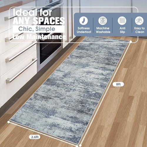 Aelenmu Runner Rugs for Hallways Kitchen 2.6x8 Non Slip Washable Blue Grey