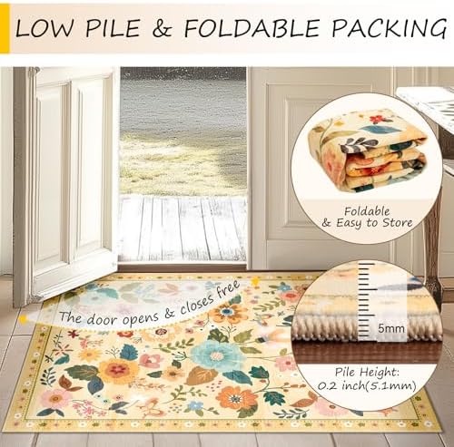 RELEANY Floral Washable 2x3 Area Rugs Doormat Yellow/Orange