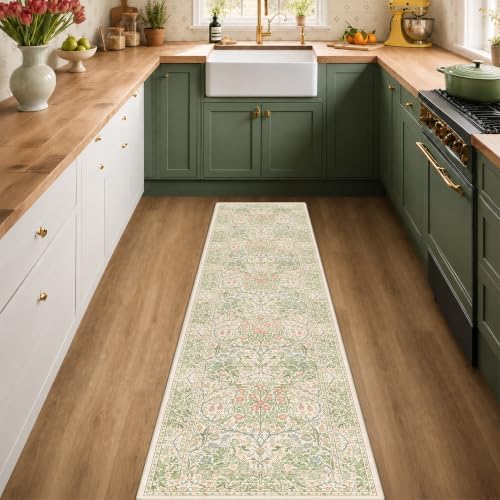 Beige Green Washable 2x8 Rug Runner Non Slip for Kitchen, Bathroom, Hallway