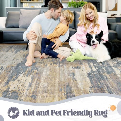 XLUEZ 5x7 Area Rugs for Living Room, Washable Modern Abstract Large Area Rug Neutral Soft Non Slip Kids Rug Stain Resistant Indoor Carpet for Bedroom Nursery Dining Room Playroom(BlueBeige, 5'x7')