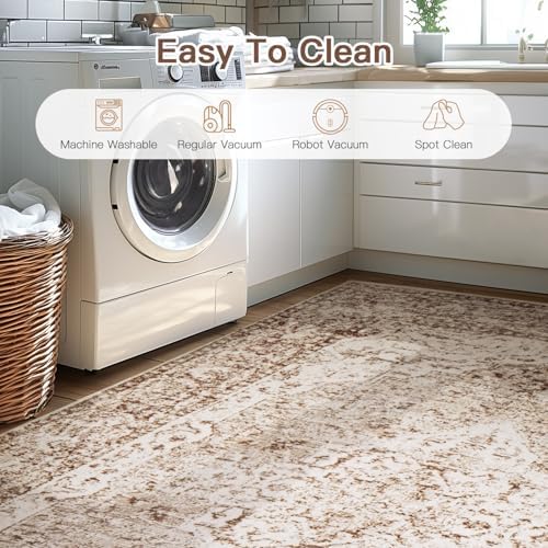 Lofus 2x10 Runner Rug for Hallways, Washable Kitchen Rugs, Non-Slip Rugs for Entryway and Bedroom, Vintage Boho Carpet, Soft Low Pile Long Runner Area Rug, Vintage Beige Brown