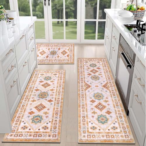 HEBE Boho Kitchen Rugs Set of 3, Non Slip Washable Kitchen Mats for Floor