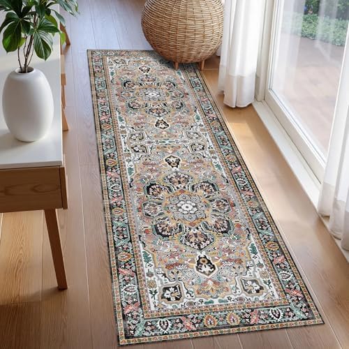Washable Area Rug 2'6'' x 8' Vintage Traditional Persian Mat - Foldable Distressed Non-Slip Machine Washable Carpet for Living Room Bedroom Kitchen Home Decor - Slate and Multicolor