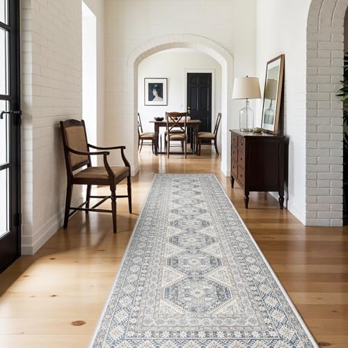 Ksrau 3x12 Runner Rug Washable Vintage: Non Slip Hallway Runners Blue
