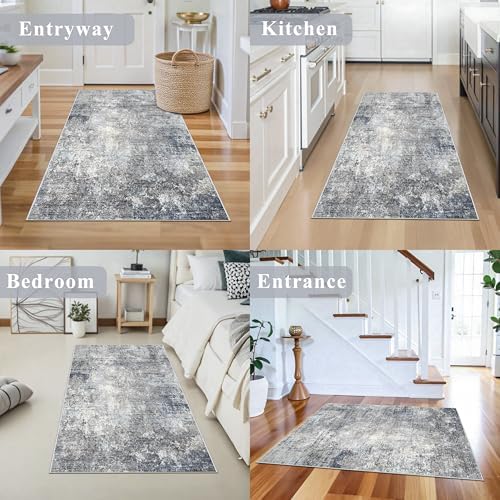 3x4 Washable Entryway Rug – Non-Slip Modern Abstract Small Area Rug for Kitchen, Bedroom, Bathroom – Soft Low-Pile Thin Indoor Door Mat （Blue Grey,3x4）