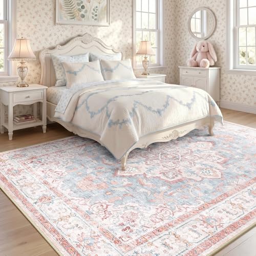 CAPALOCA 8x10 Washable Nursery Girls Low Pile Area Rug Pink Blue