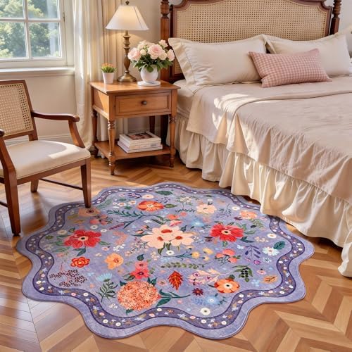 Macgace Floral Round Rug for Girls Bedroom, Washable 4ft Purple Area Rugs