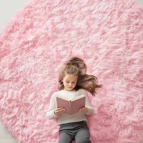 OLANLY Pink Round Rugs for Bedroom - Machine Washable, 7 ft Circle Area Rugs for Living Room, Soft and Fluffy Shaggy Carpet for Teen Girls and Boys, Nursery Rooms, Dorms, Home Decor Aesthetic