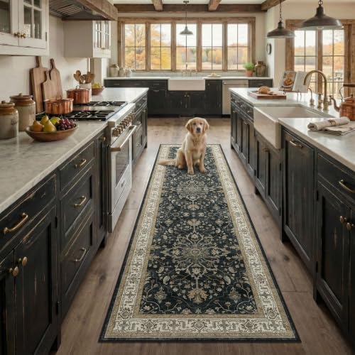 RELEANY Washable Area Rug, Runner 2'x7', Black/Vintage/Beige