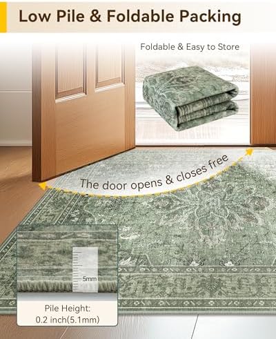 RELEANY Washable Area Rug, Runner 2'6"x14', Green/Dark Green/Gray