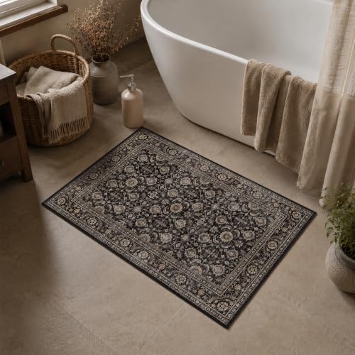 JOOJA 2'6"x8' Black Gold Vintage Boho Washable Soft Long Hallway Runner Rug