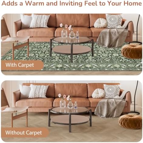 OPPODREAM Vintage Dark Green Area Rugs 4' Round, Washable Rug for Living Room
