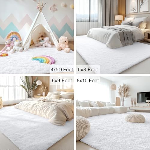 OLANLY 8x12 Machine Washable Large Area Rugs for Living Room, Bedroom, Soft Fluffy Shaggy Bedside Rug, Indoor Floor Carpet for Kids Girls and Boys, Dorms, Nursery, Home Decor Aesthetic, White