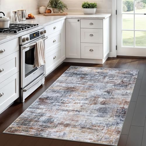 IOHOUZE Abstract Area Rug 4x6 Ft Washable Rugs for Entryway Indoor, Non Slip Small Living Room Rugs Printed Faux Wool Throw Rug, Floor Carpet for Kitchen Nursery Playroom, Orange Grey