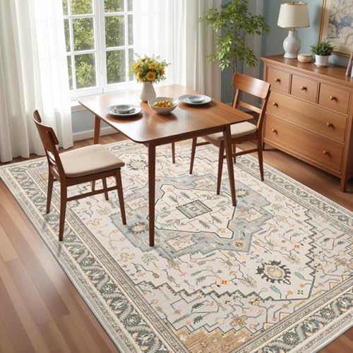 Macgace Washable Vintage Area Rug for Living Room, 5x7 Rugs Grey Beige