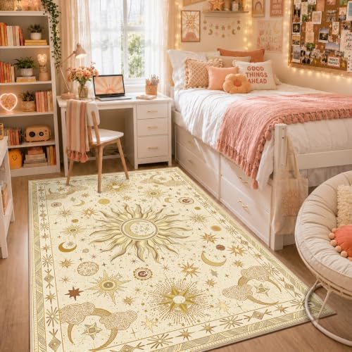Vacuum-Friendly, 5x7 Washable Area Rug, Beige Camel Brown