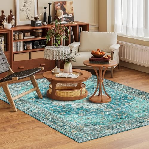 Washable Area Rug 9' x 12' Vintage Traditional Persian Mat - Foldable Distressed Non-Slip Machine Washable Carpet for Living Room Bedroom Kitchen Home Decor - Teal and Gold